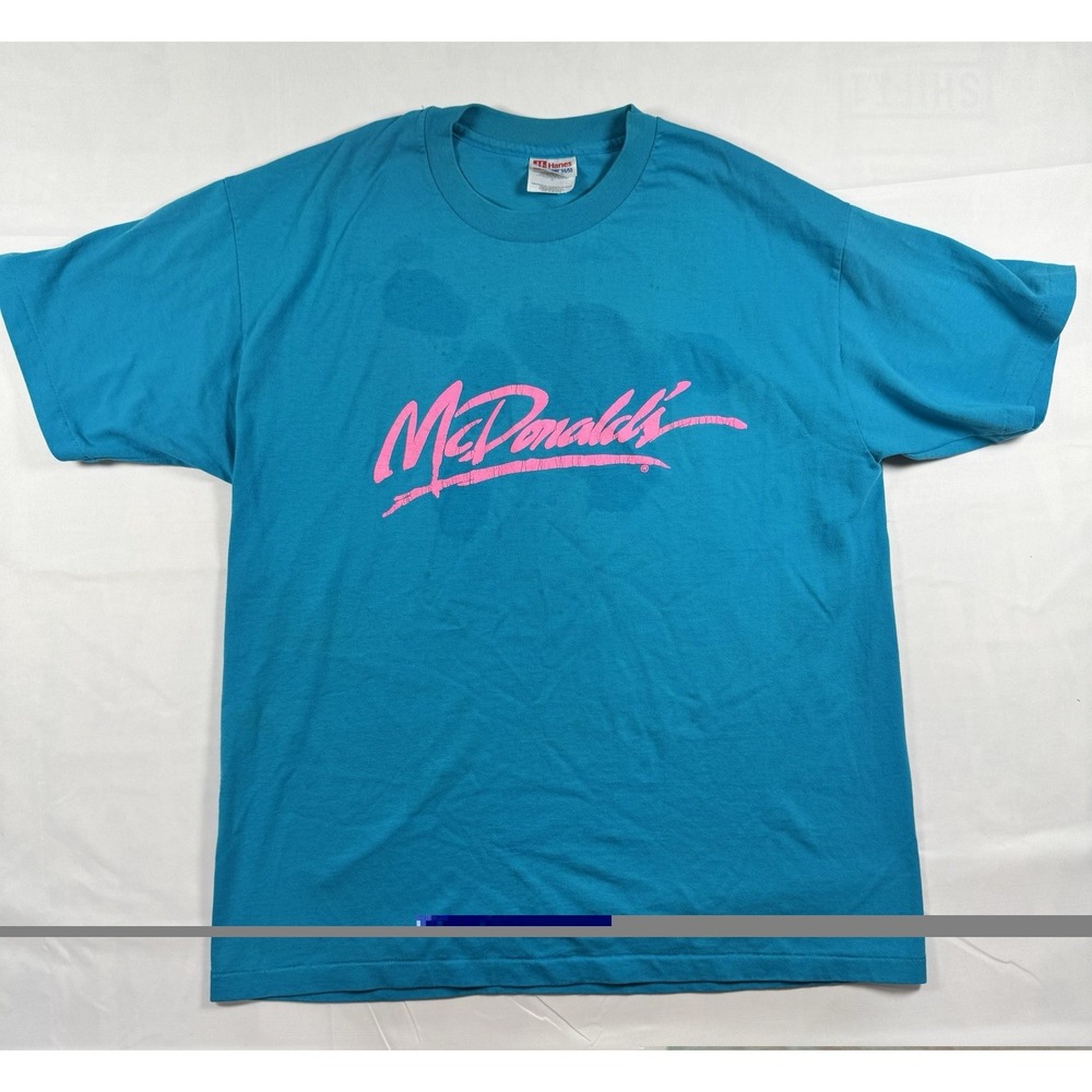 Vintage 90s McDonald's T Shirt Mens L Teal Pink Logo Hanes USA Made